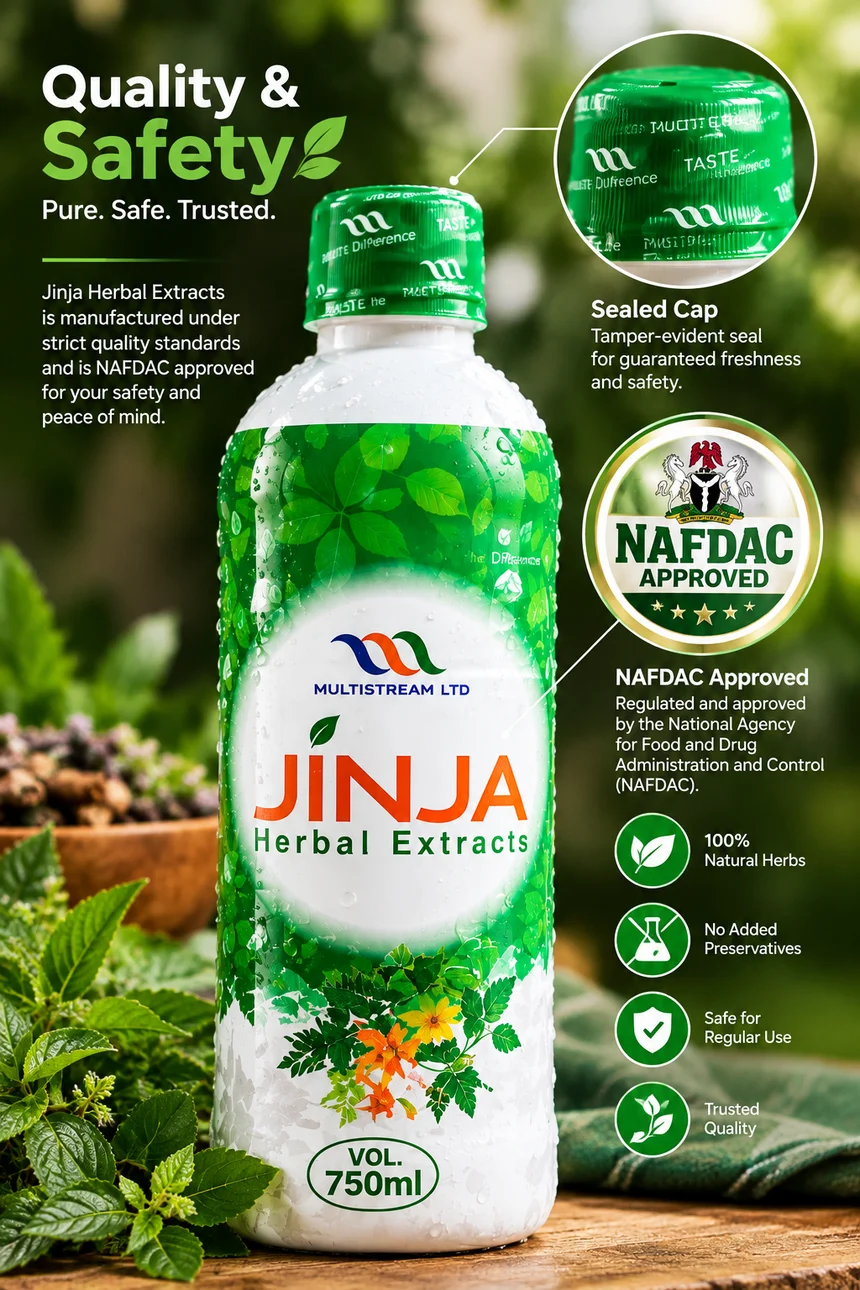 Quality and safety — tamper-evident sealed cap, NAFDAC registration, 100% natural herbs, no added preservatives