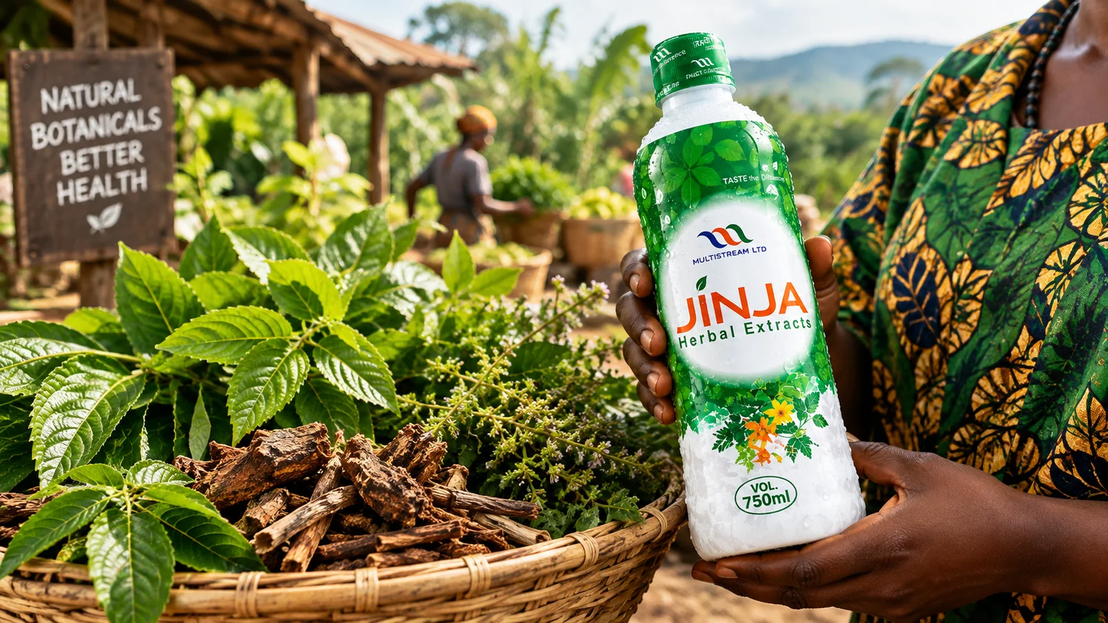Woman at a Nigerian botanical market holding a bottle of Jinja Herbal Extract beside baskets of fresh herbs — Natural Botanicals, Better Health