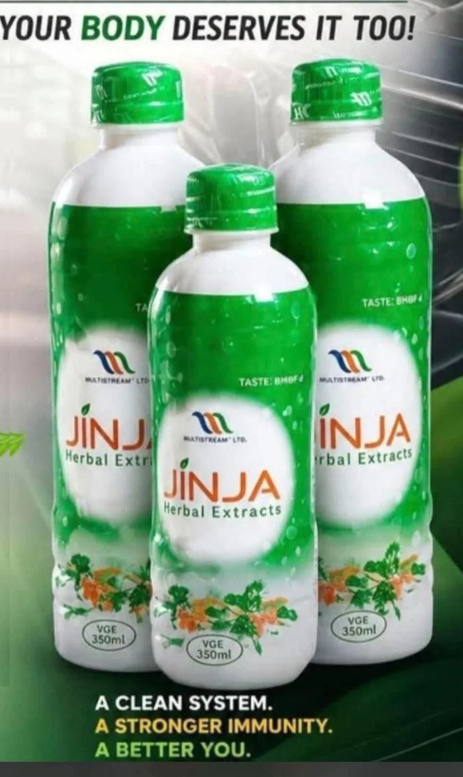 Three 350 ml bottles of Jinja Herbal Extract — a clean system, a stronger immunity, a better you